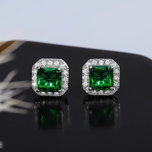 🆕 Green 2.50 Carat Halo Diamond Earring Studs, 18K White Gold Hypoallergenic 🆕 - Picture 6 of 6